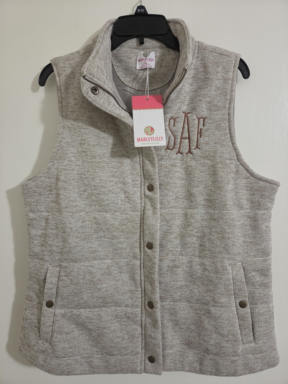 Marleylilly XL Heathered Oatmeal Quilted Vest Monogram SAF Cognac NWT